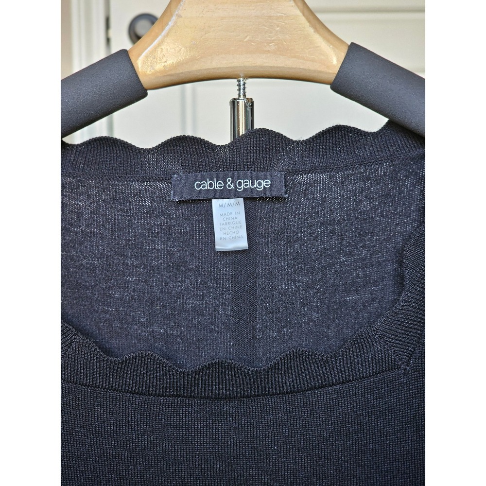 Cable & Gauge Womens Black Scalloped Square Neck Short Sleeve Knit Sweater Sz M - Picture 2 of 7